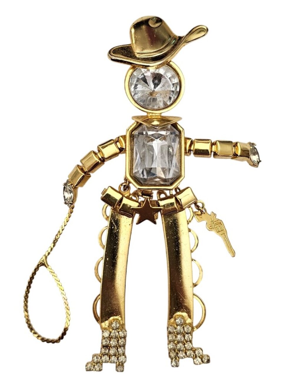 Cowboy Brooch, Lasso, Pistol Charm, Articulated Lucite Rhinestone Pin J662